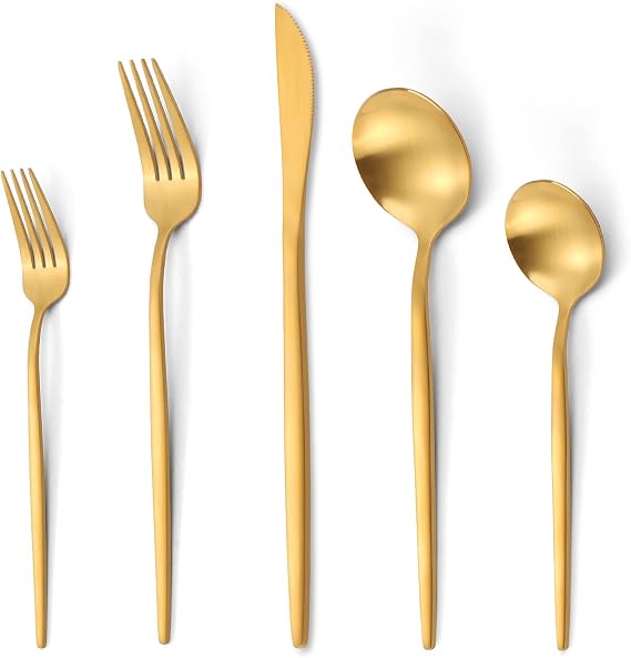 20 Pieces Silverware Set,Matte Gold Stainless Steel Flatware Cutlery Set Service for 4, Stain Finish Kitchen Utensil Set,Include Dinner Knives Forks and Spoons Silverware, Dishwasher Safe