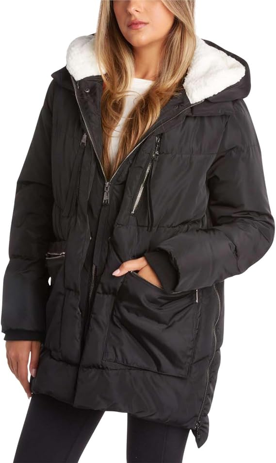 Steve Madden Womens Winter Jacket, Midlength Puffer Parka Coat, Sherpa Hood