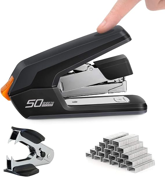 Effortless Desktop Stapler, 40-50 Sheet Capacity, One Finger Touch Stapling, Easy to Load Ergonomic Heavy Duty Stapler, Includes 1500 Staples and Staple Remover (Black, 40-50 Sheets)