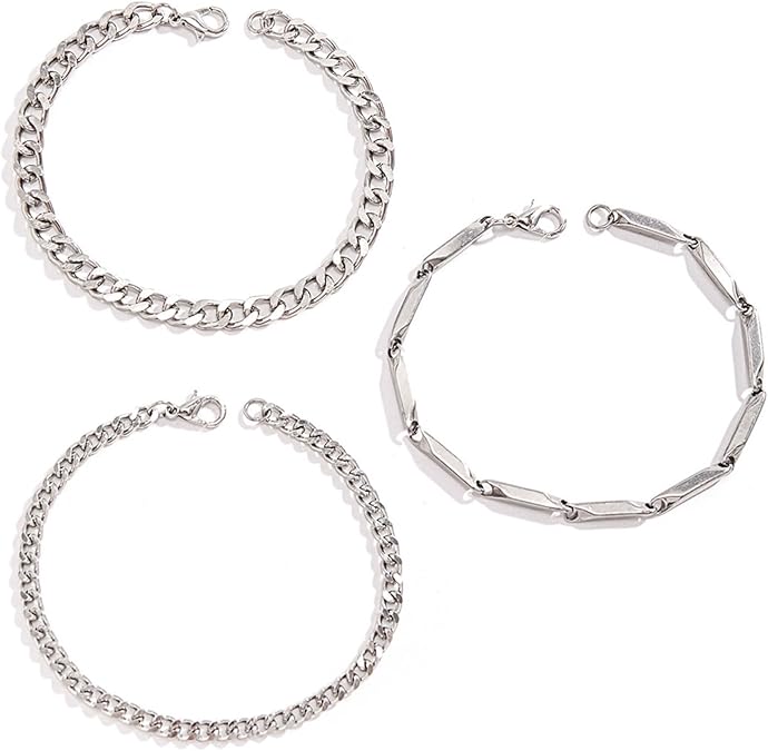 Men's Bracelets - 3 Pcs Sterling Silver Plated Stainless Steel Bracelet Set, 18cm Adjustable Curb, Figaro & Rope Chain Bracelets for Men