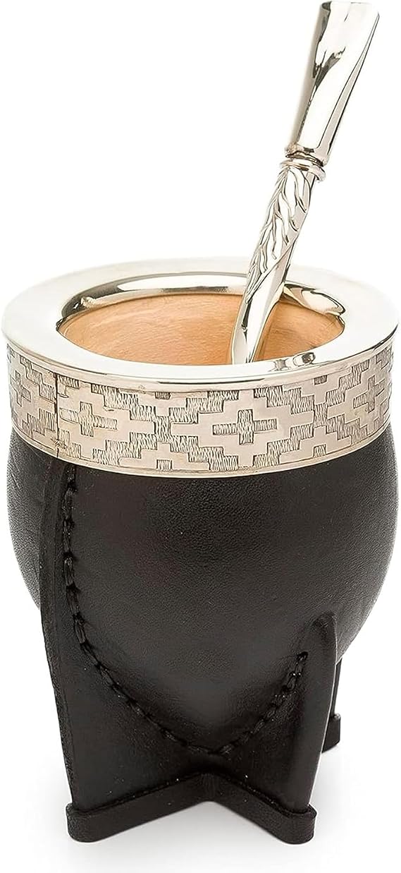 Imperial Yerba Mate Gourd Set Handmade Leather Wrapped Mate Cup with Stainless Steel Rim & Alpaca Edge Includes Alpaca Bombilla Straw
