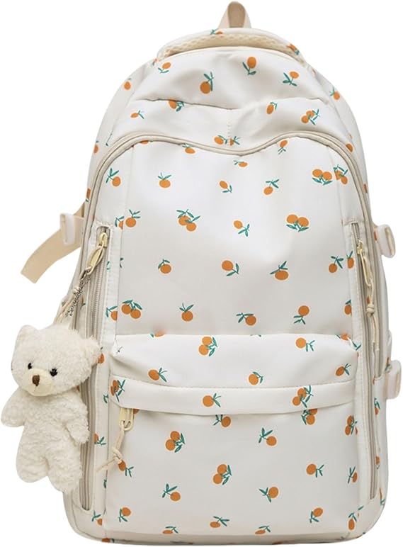 Coquette Strawberry Backpack, Cute Floral Cherry Backpack for Teen Girls, Aesthetic Preppy Pink School Bag (Orange)