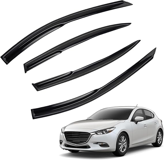 4pcs JDM 3D Wavy MU Style Window Visors Compatible with 2014-2018 Mazda 3/3 Sport Sedan/Hatchback, Front+Rear Left+Right Outside Mount Type Dark Smoke Tint Tape-On Side Sun Rain Guards Set of 4