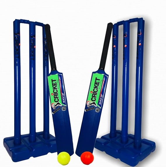 Cricket Plastic Set Blue Double Sided for Kids & Adult Size 4, 5 & 6, 2 Bats, 2 Stumps, Bag & Balls (Size 6)