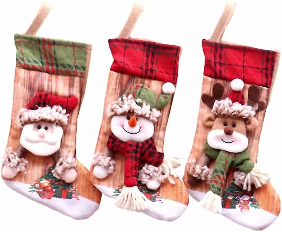 Kerio Christmas Stockings, Set of 3 Personalized Christmas Stockings Unique 3D Santa, Snowman, Reindeer Design Burlap Hanging Stockings for Christmas Tree Decorations, 9.4 Inch