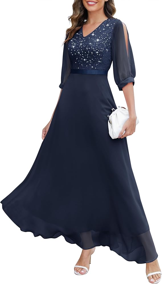 Wedtrend Women's Sequin Dresses Sparkly Glitter Dress Split Sleeves Formal Dresses Maxi Evening Dress