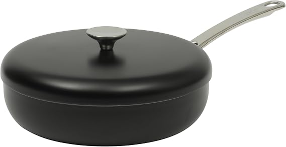 Sur La Table Kitchen Essentials Potluck Porch 4.5 Quart Saute Pan, Deep Frying Pan Skillet w/Lid Aluminum PFA Free Ceramic Cookware Chef's Pan, Omelet Pan - Induction - Black