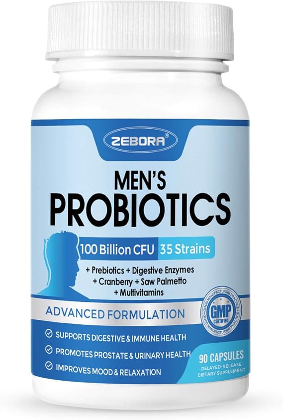 ZEBORA Probiotics for Men - 100 Billion CFU with Digestive Enzymes, Saw Palmetto & Cranberry for Prostate Support - Shelf Stable, Gluten-Free Men's Daily Supplement - 90 Veggie Capsules