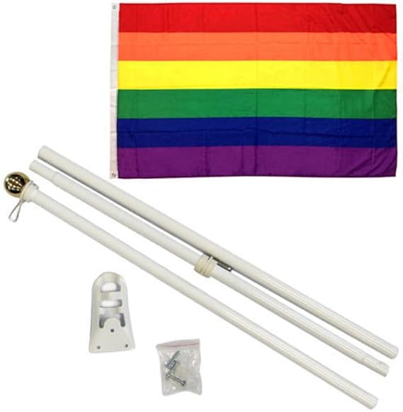 AES 3x5 3'x5' Rainbow LGBT Gay Pride Flag White 6ft Pole Kit Gold Ball Top House Banner Double Stitched Fade Resistant Premium Quality