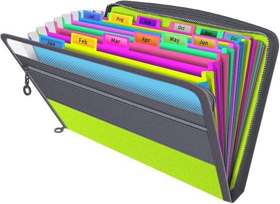 Expanding File Folder, Accordion Document Box File Organiser with 13 Multicolour Pockets and Tabs,A4 Paperwork Filing Folders, Green
