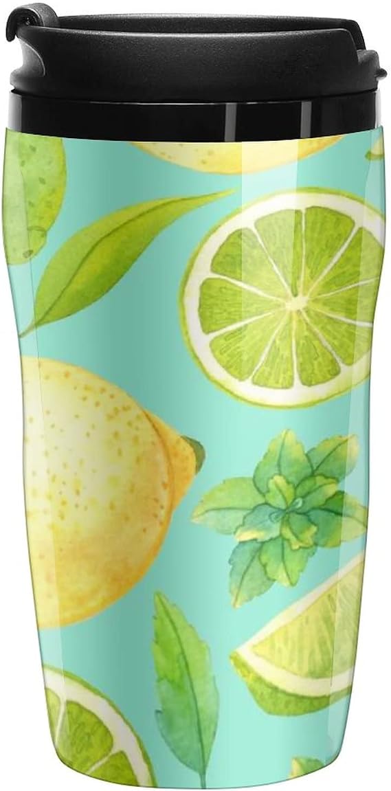 Seamless Pattern with Watercolor Lime, Lemon and Mint on Turquoise Plastic Water Bottle Tumblers, Leak-Proof Hot Cold Insulated Travel Mug, Double Walled Coffee Cup with Lid Funny Gifts 12.3oz