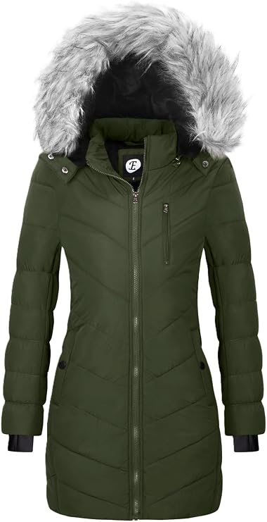 Women's Quilted Puffer Jacket Removable Faux Fur Hooded Long Puffer Coat Lightweight Full-Zip Puffer Jacket