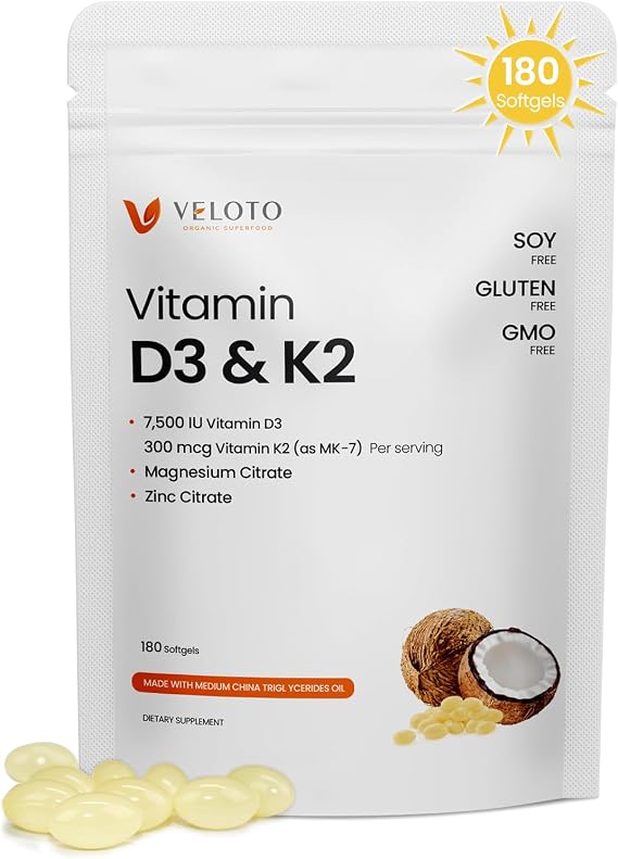 VELOTO Vitamin D3 K2 Magnesium Zinc Supplement, Magnesium & Zinc Citrate