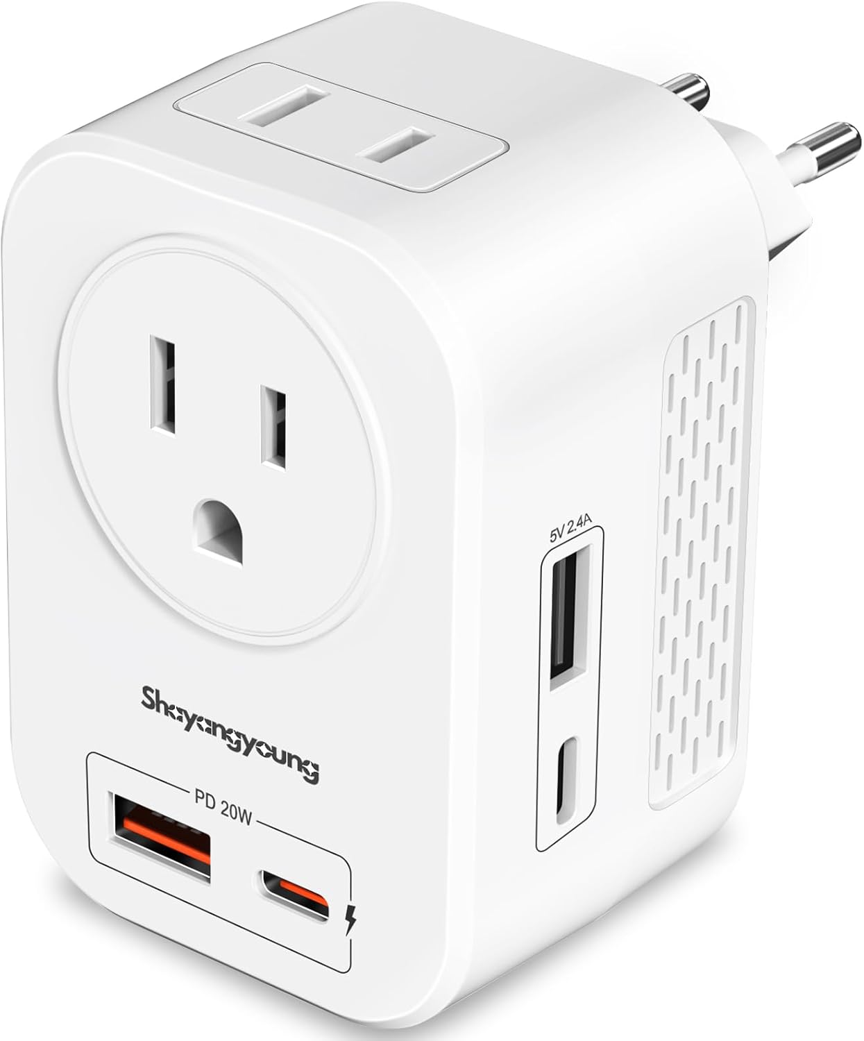 220V to 110V Voltage Converter US to Europe International Universal Travel Adapter, 20W PD With 2 USB-A 2 USB-C Port, Worldwide Power Converter Plug Combo US to Spain Italy Greece WHITE-A