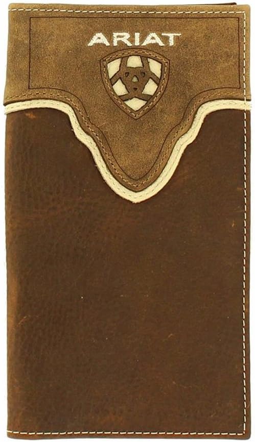 ARIAT Men's Rodeo Wallet, Distressed Leather, Ivory Trim, Embroidered Lettering with Cutout Shield Logo, Multiple Compartments, ID Slot