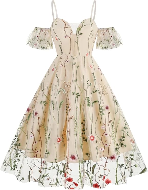 Women Vintage Floral Embroidered Mesh Dress Spaghetti Strap Party Midi Dresses