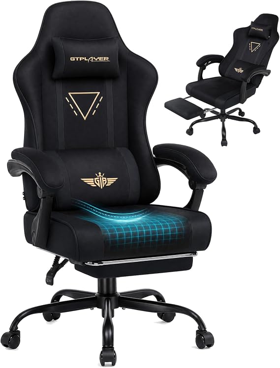 GTPLAYER Fabric Gaming Chair with Footrest, Ergonomic Computer Desk Chair with Pocket Spring Cushion Home Office High Back Lumbar Support Heavy Duty Wide, Black