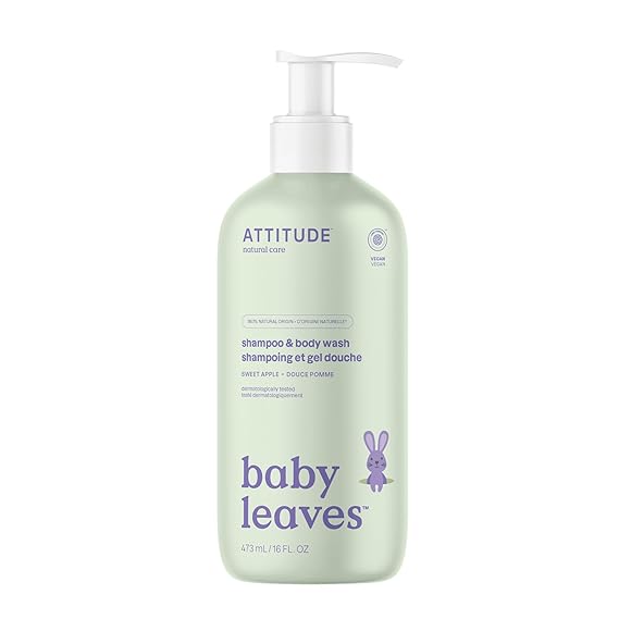 ATTITUDE Baby 2-in-1 Shampoo & Body Wash, EWG Verified, Dermatologically Tested, Vegan, Sweet Apple Scent, 16 Fl Oz