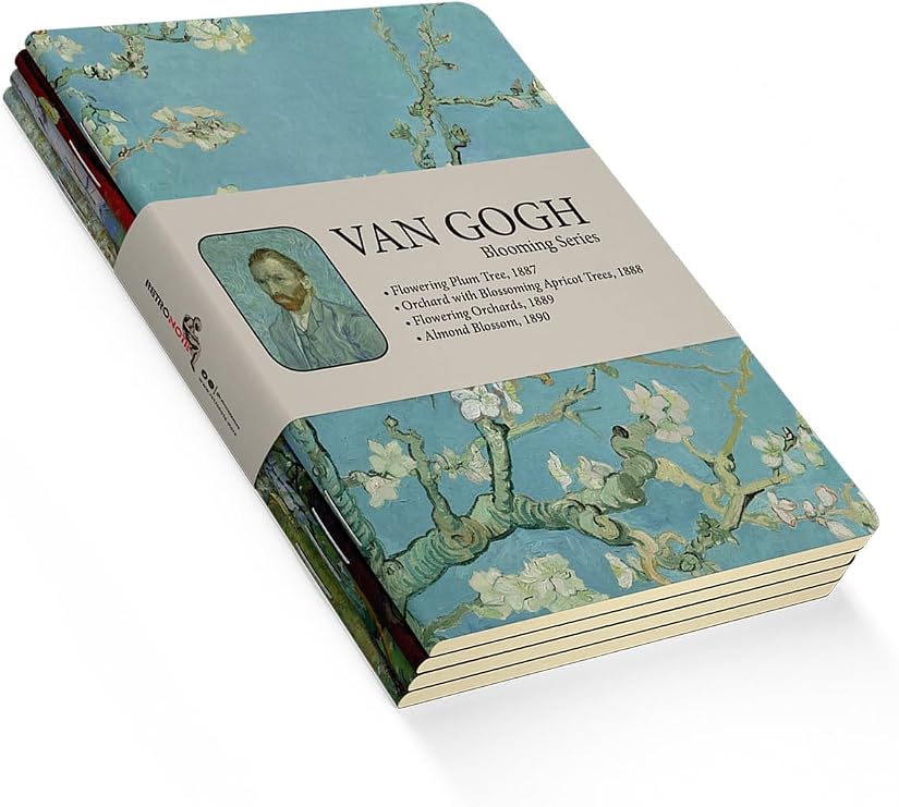 Retronote Blooming Series - A6, Van Gogh 4-Piece Notebook Set II, Unlined, Total 192 Pages, 48 Pages Each, Wire Stitching, Flexible Cover, Oval Edge,