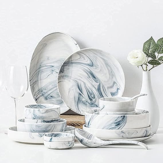 Nordic Creative Plate and Bowl Set,Classic Ceramic Dinnerware Sets, Marble Pattern Kitchen Kitchen Plate Set, Dishwasher Microwave Safe, 2, 4, 6, 10 Dishware Sets,Marble-12Pcs (Size:51Pcs)