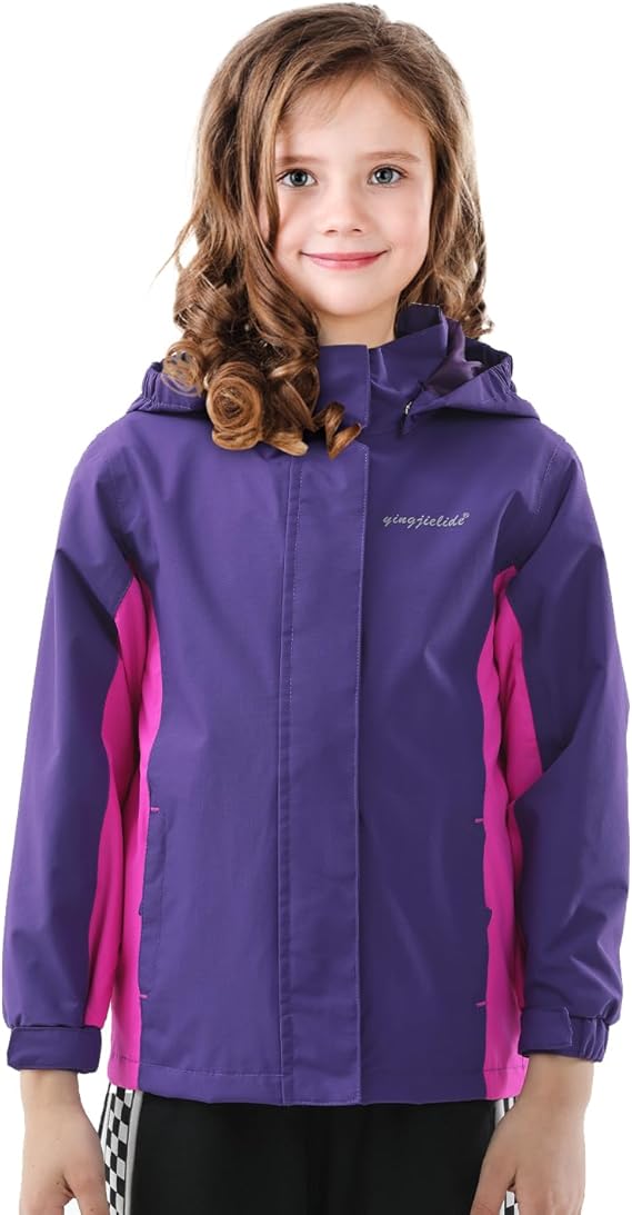 YINGJIELIDE Boys Girls Rain Jacket,Kids Lightweight Waterproof Hooded Raincoats Windbreakers,Outdoor Hiking Coat Dark Purple 11-12 Years