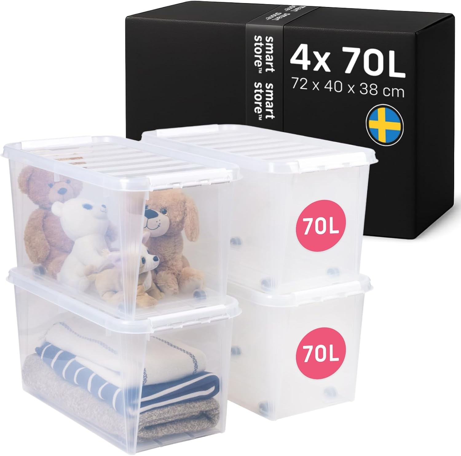 SmartStore - 4x Plastic Storage Box with Lid Classic 70L 72x40x38cm |Plastic Storage Drawers with Lid|Food-Safe Material|Kitchen & Organisation|Durable Container for Home & Office|