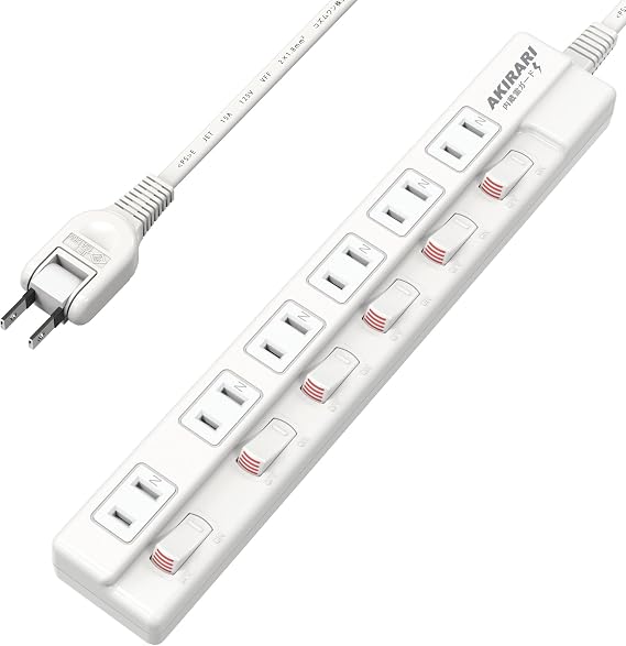 Dustproof and Surge Protection with Individual Switches Power Strip AKIRARI 6-Outlet White Surge Protector Switch Power Tap Table Tap Extension Cable 1m Household 6 Outlets with Dust Shutter
