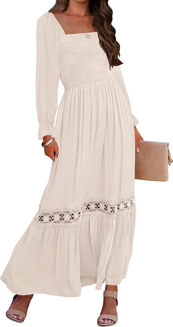 ZESICA Women's 2026 Boho Long Sleeve Fall Maxi Dress | Square Neck, Flowy, Smocked, High Waist, A Line, Lace Trim, Fashion Trendy, Western Maternity Dresses