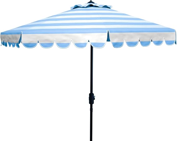 SAFAVIEH Outdoor - Vienna 9-Foot Crank Patio Umbrella - Baby Blue & White Canopy - Brown Aluminum Pole - Single Scallop Trim Design - Ideal for Patio, Deck, Poolside, Backyard (PAT8011U)