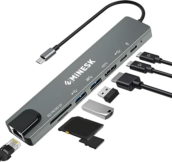 USB Multiplexer Compatible with Minesk USB-C Hub Laptop and Macbook / 1x HDMI / 1x Ethernet / 2x USB 3.0 / 1x SD Card / 1x Micro SD Card / 2x USB -C/Translator Adapter (8-in 1 Multi Hub)