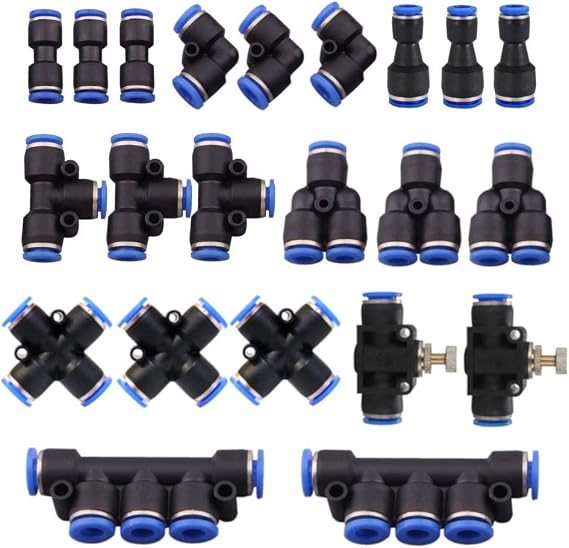 22 Pcs Push to Connect Fittings Kit, 1/4" 6mm Od Quick Release Connectors, 3 Elbows, 3 Union Tee, 3 Y Splitters, 3 Straight Unions, 2 Hand Valves, 2 Manifold