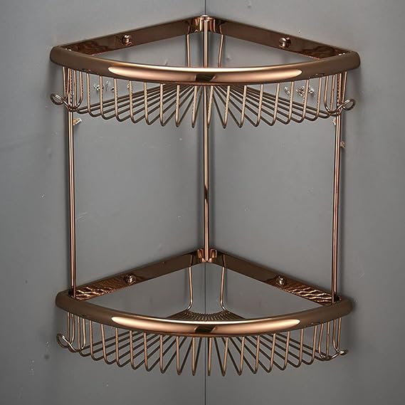 2 Tier Shower Baskets Rust Free Bathroom Caddy Corner Shelves Brass Shower Rack with Hook Holder Bath Tidy Storage Organiser Accessories Wall Mounted Screw in, Rose gold