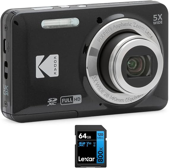 Kodak FZ55BK PIXPRO FZ55 Digital Camera Black Bundle with Lexar 64GB High-Performance 800x UHS-I SDHC Memory Card Blue Series