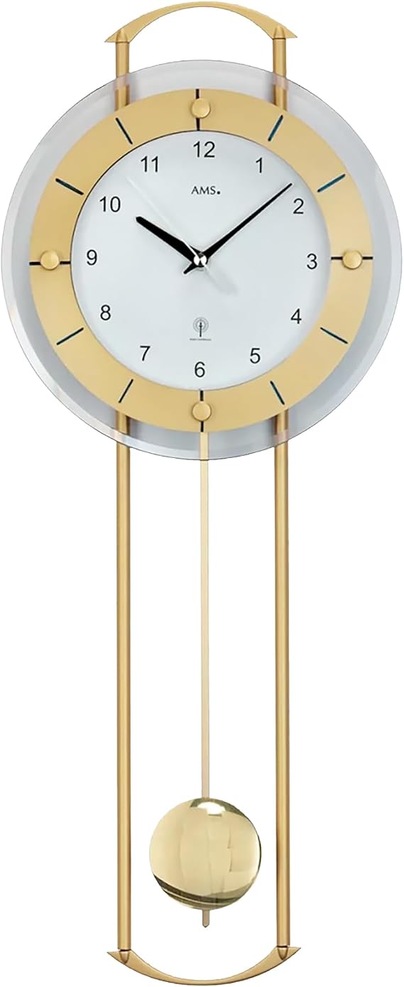 AMS 5255 Wanduhr - mit Funkpendelwerk Elegante Funkpendeluhr Uhr mit Pendel Funkwanduhr mit arabischen Ziffern Facettiertes Mineralglas Pendeluhr für Wohnzimmer & Büro Maße: 24 x 60 x 6 cm