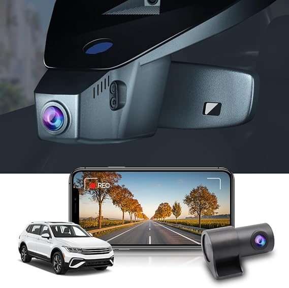 Fitcamx Front 2K+Rear 1080P Dash Cam Adapts for Volkswagen Tiguan 2018-2024 (HD2-6108, with Slim Tail), OEM Style, Dual HD Video, WiFi & APP, Loop Recording, Parking Sensor, Easy to Set, 64GB Card