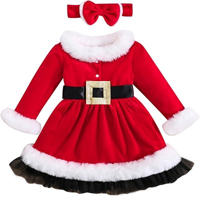 Toddler Baby Girl Red Christmas Dress Velvet Long Sleeve Santa Dress Infant Winter Dresses Christmas Outfits
