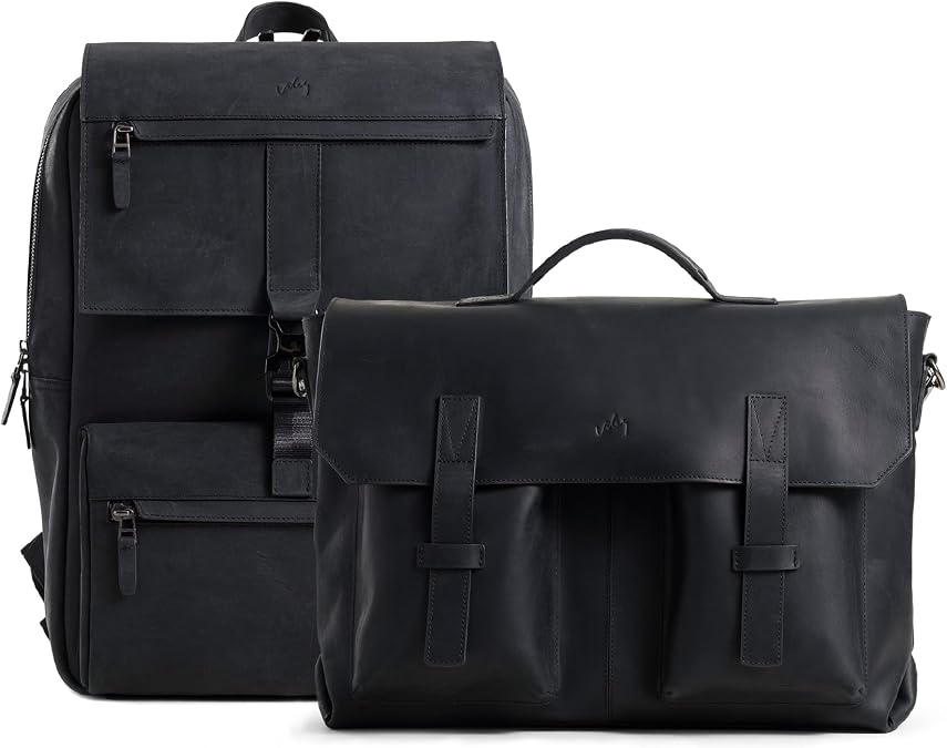 VELEZ Black Top Grain Leather Backpack + Messenger Bag For Men