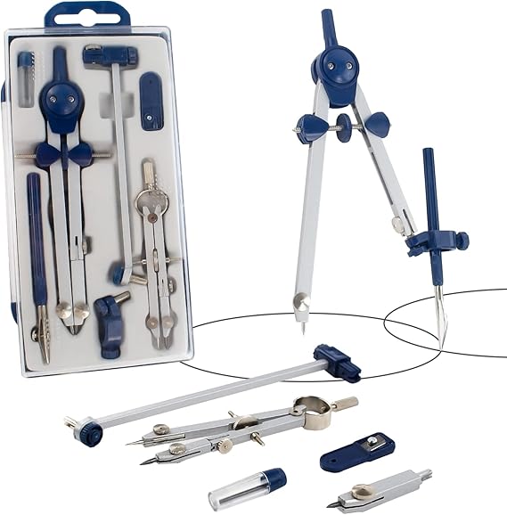 Geometry Set 7PCS Professional Compass Set, Precision Metal Drawing Tool with Spring Bow Head, Drafting Dividers Tool Set Math Compass with Wheel and Lock for School Woodworking