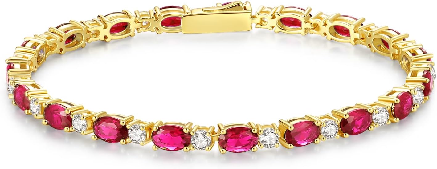 FANCIME Tennis Bracelet Women's 14K Gold-Plated Gemstone Tennis Bracelet 925 Sterling Silver Birthstone Gift Jewellery for Women Girls Length 19 cm