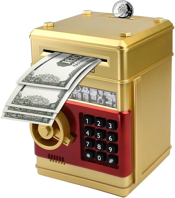Electronic Piggy Bank Code Lock for Kids Baby Toy, Mini ATM Safe Coin Cash Banks Real Money Saving Box with Password, Auto Money Scroll for Children,Boys Girls Birthday Gift (Gold)