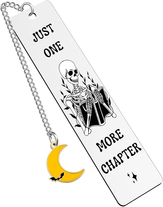 Skeleton Metal Bookmark Bookish Reader Gifts for Men Women Book Lovers | Just One More Chapter Gothic Spooky Page Marker with Moon Bat Halloween Birthday Christmas Book Club Favor Gift for Bookworms