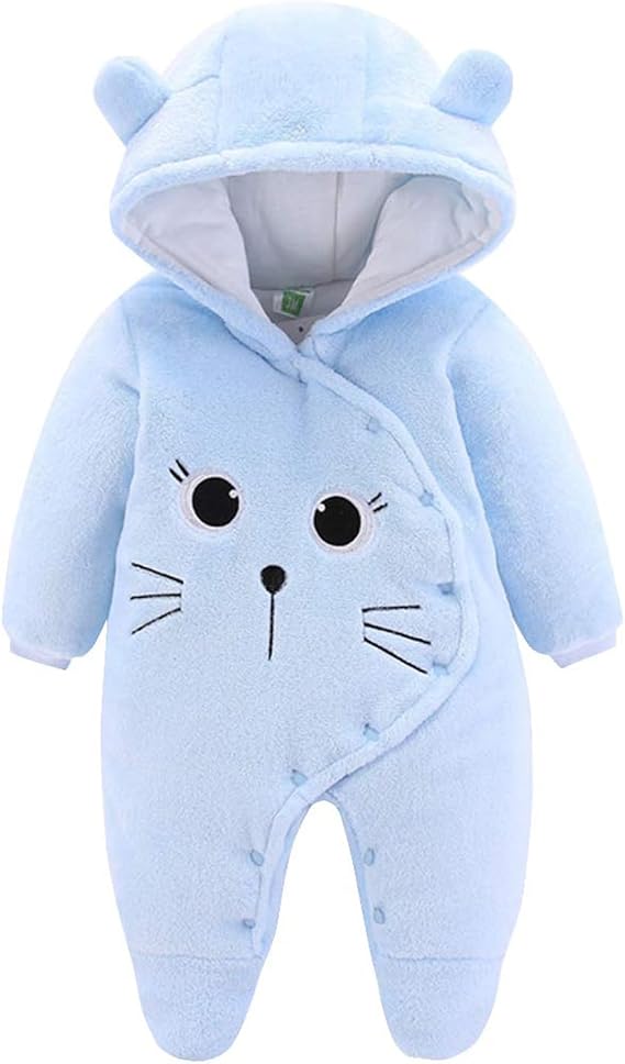 JiAmy Newborn Baby Winter Hooded Romper Fleece Snowsuit Jumpsuit Cartoon Cat Outfits 0-12 Months