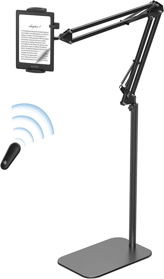 VOLTIFYMAX Floor Stand Kindle Holder with Remote Page Turner for Reading in Bed, Tablet Stand with Clicker, Kindle Accessories Tablet Stand Holder for Kindles Tablets iPhones 4.7-13 inch (Black)
