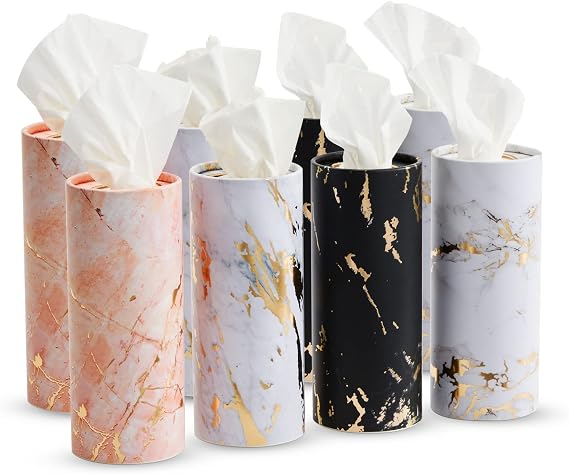 Zodaca 8-Pack Car Tissues Cylinder Boxes - Round Travel Wipes for Car Cup Holder (50 Tissues Per Container, Marble Design)