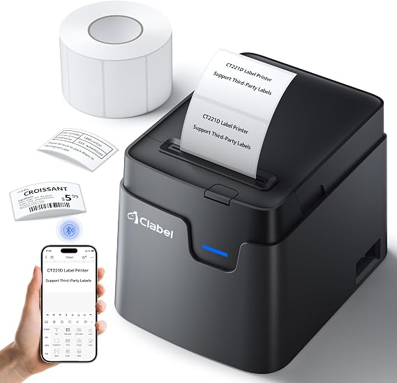 CLABEL Desktop Barcode Label Printer: 221D Bluetooth Label Maker with Direct Thermal Printing, 2 Inch Print Width for Barcodes Address Office Warehouse with 1 Roll Label