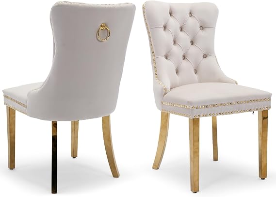 Velvet Dining Chairs Set of 2,Upholstered Dining Room Chairs with Ring Pull Trim&Golden Stainless Steel Legs,Farmhouse Tufted Kitchen Chairs with Nailhead,Beige