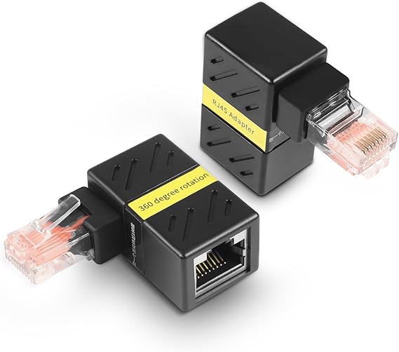 2 Pcs 360 Degree Ethernet Adapter，Gigabit 90 Degree Angle Network LAN Cat5 Cat6 Extension Adapter，1000Mbps RJ45 8P8C Male to Female Connector for Computers, Laptops, Routers