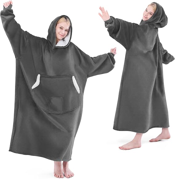 NORD ECO Wearable Blanket Hoodie, Birthday Christmas Gifts for Women Mom Girlfriend, Oversized Cozy and Giant Flannel Sherpa Hooded Sweatshirt Blanket with Hood Pockets & Sleeves, Long, Dark Grey