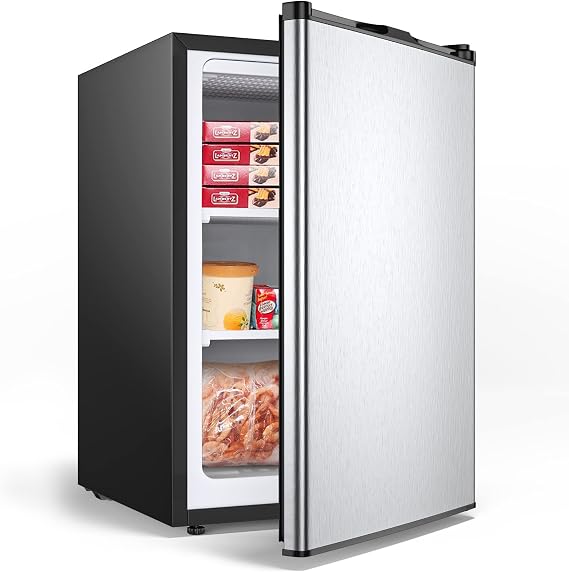 KOTEK 3.0 Cu.Ft Upright Freezer w/Reversible Single Stainless Steel Door | Compact Mini Freezer with 7 Grade Adjustable Thermostat, Small Freestanding Freezer for Home, Office, Apartment
