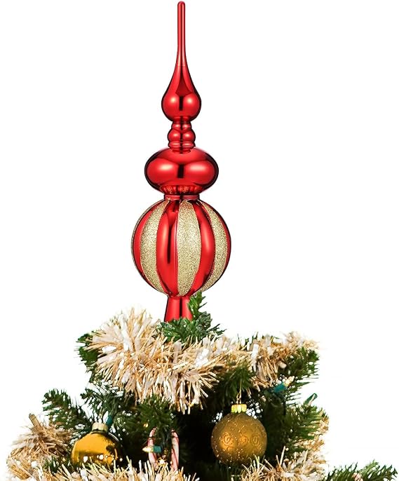 Christmas Tree Topper Shiny Xmas Tree Finials Hand-Painted Treetop Plastic Season Decorations, Beautiful, Classic Christmas Ornaments 9.05 x 2.63 Inches Red